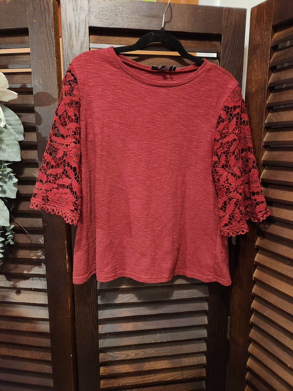 Free the Roses Red Knit Top with Lace Bell Sleeves